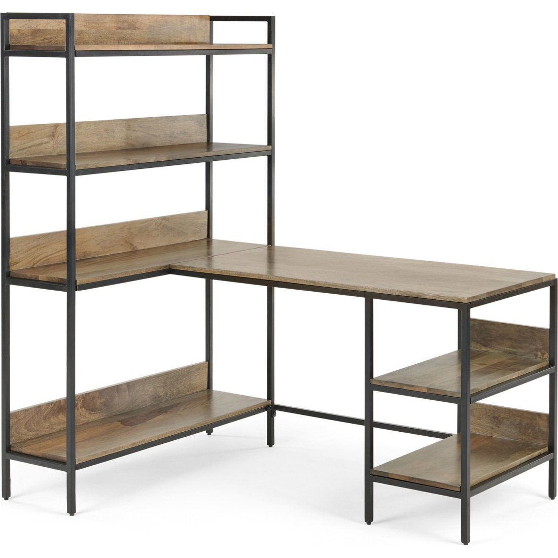 Lomond Adjustable Corner Desk with Shelves, Mango Wood and Black