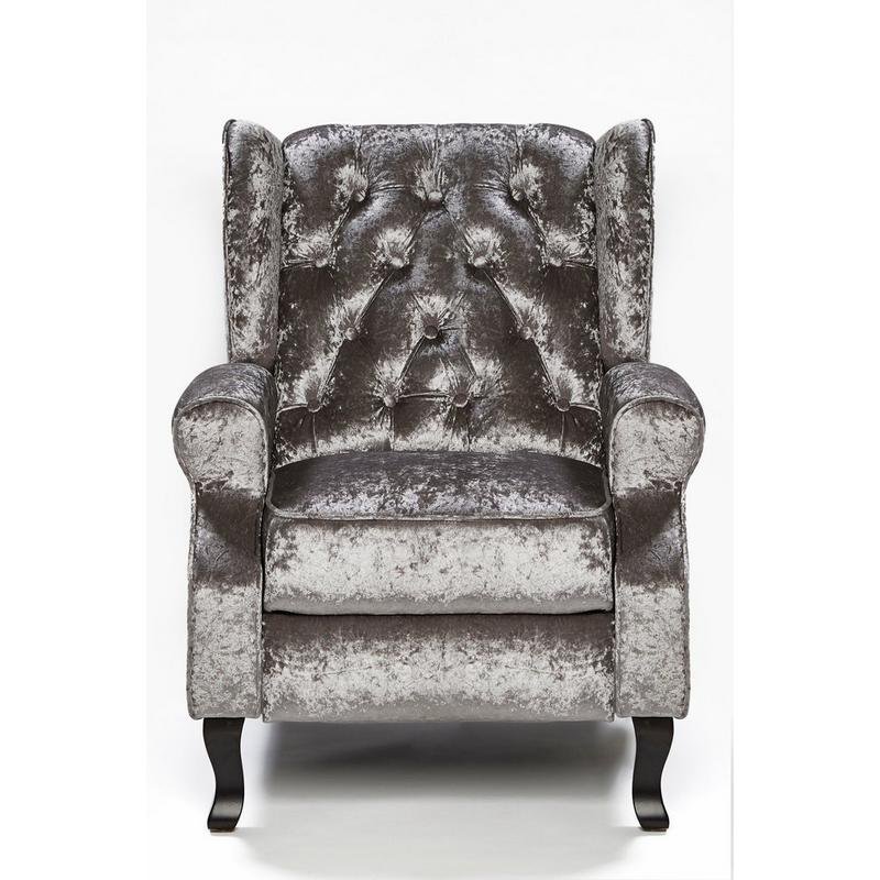 Classic Style Button Back Silver Crushed Velvet Recliner Chair