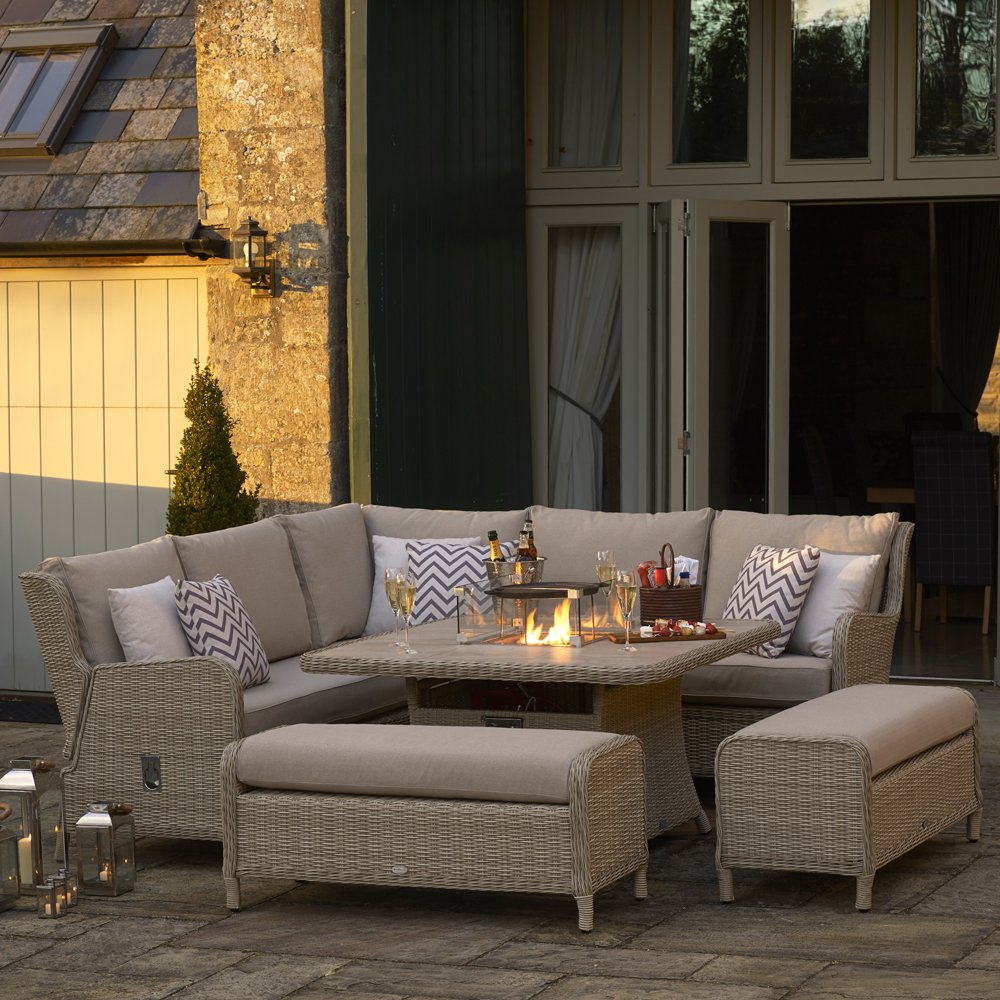 Bramblecrest Chedworth Reclining Garden Sofa Set with Square Fire Pit Dining Table - Sandstone
