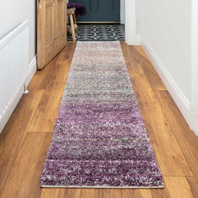 Rich Purple Striped Mottled Shaggy Runner Rug - Murano - 60cm x 240cm Runner