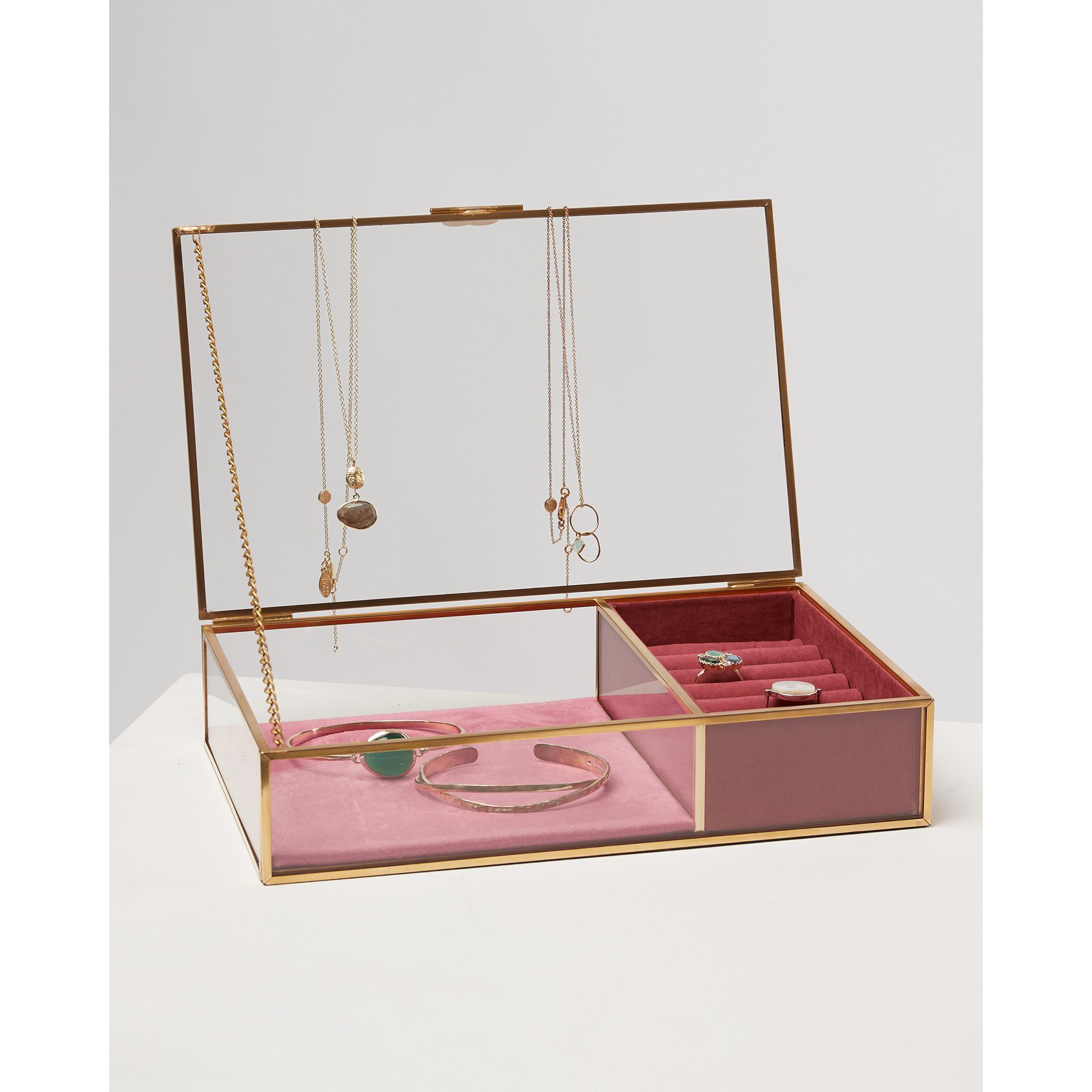 Gold & Glass Pink Velvet Jewellery Box Small