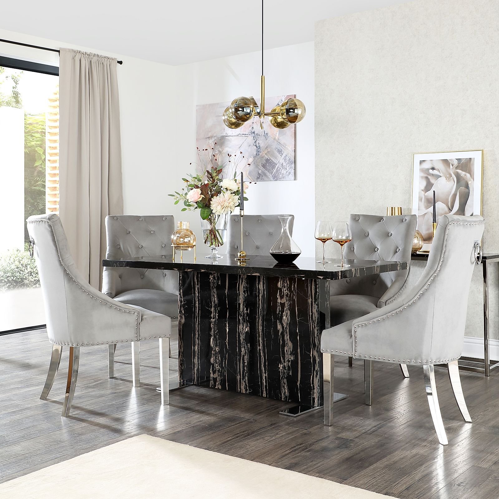 Magnus Black Marble Dining Table with 4 Imperial Grey Velvet Chairs by ...