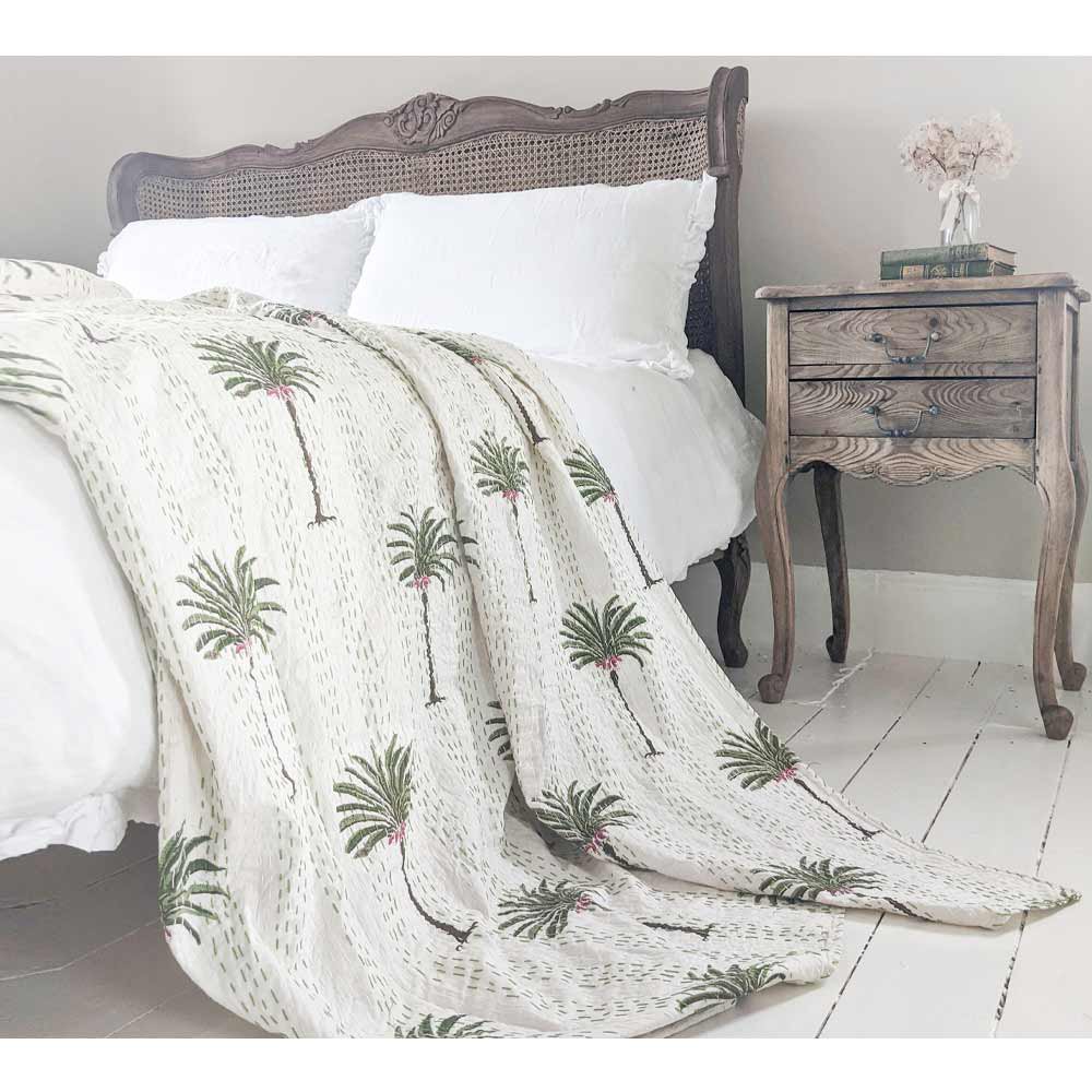 Palm Tree Paradise Handmade Throw - Handmade Hammam Style Lightweight Cotton Bed Cover with Palm Tree Design