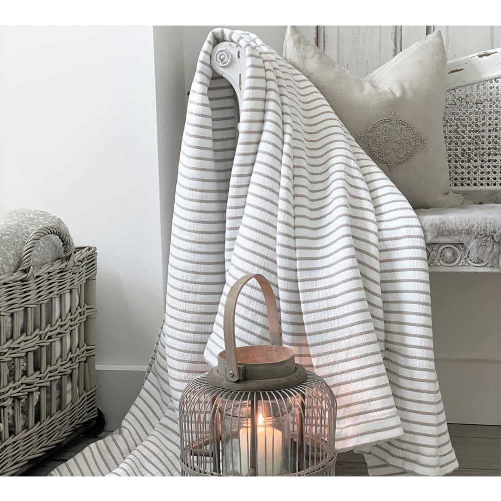 Breton Fawn Stripe Blanket - Fawn and Ivory White Cotton Bedroom Blanket
