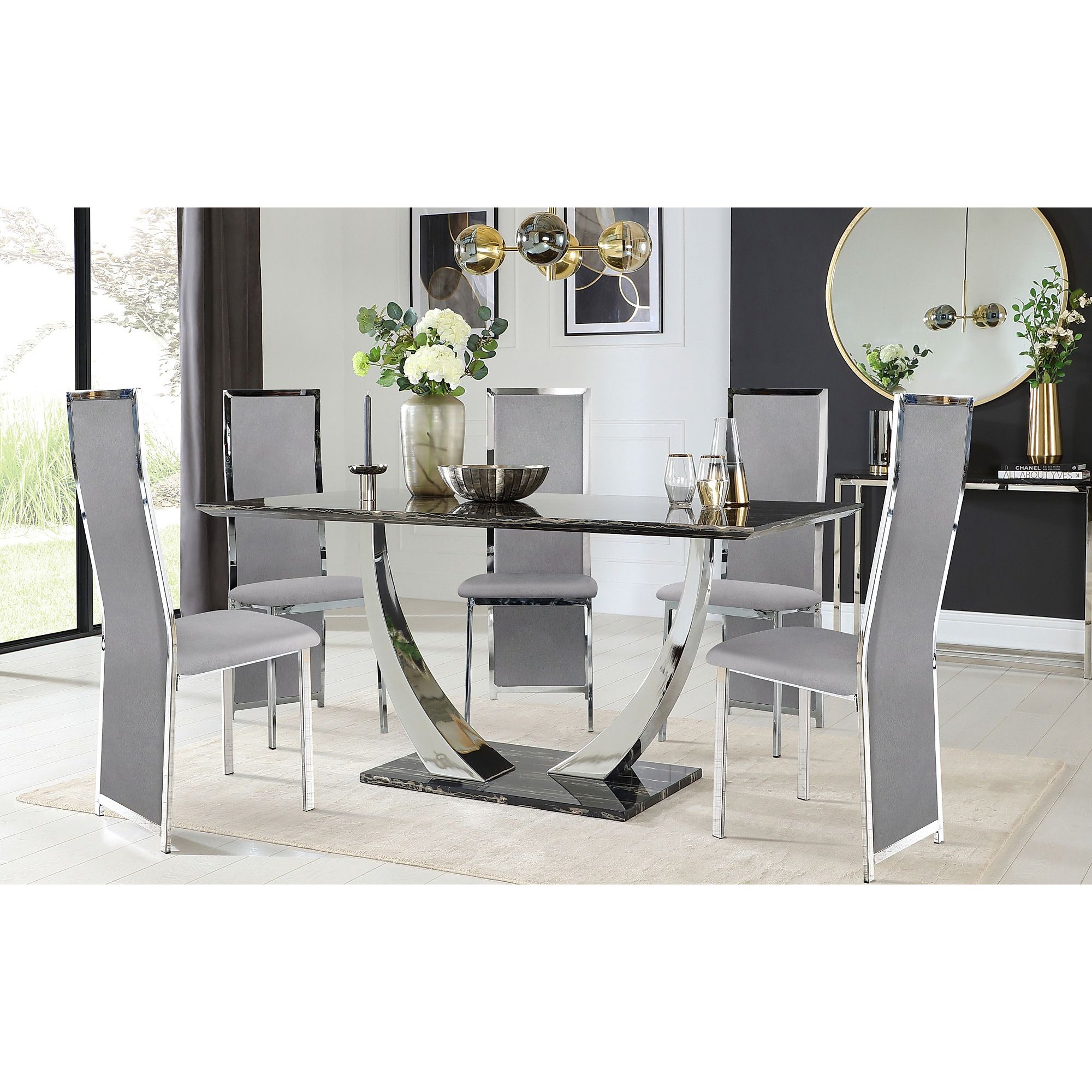 Peake Black Marble and Chrome Dining Table with 6 Celeste Grey Velvet Chairs