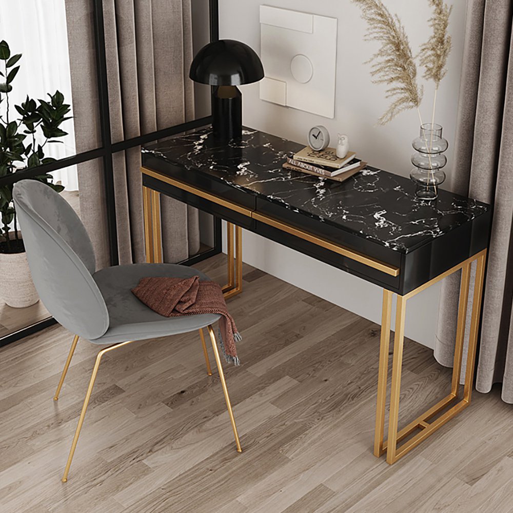 1000mm Rectangular Black Office Desk with Drawers Marble Veneer Top Gold Hardware