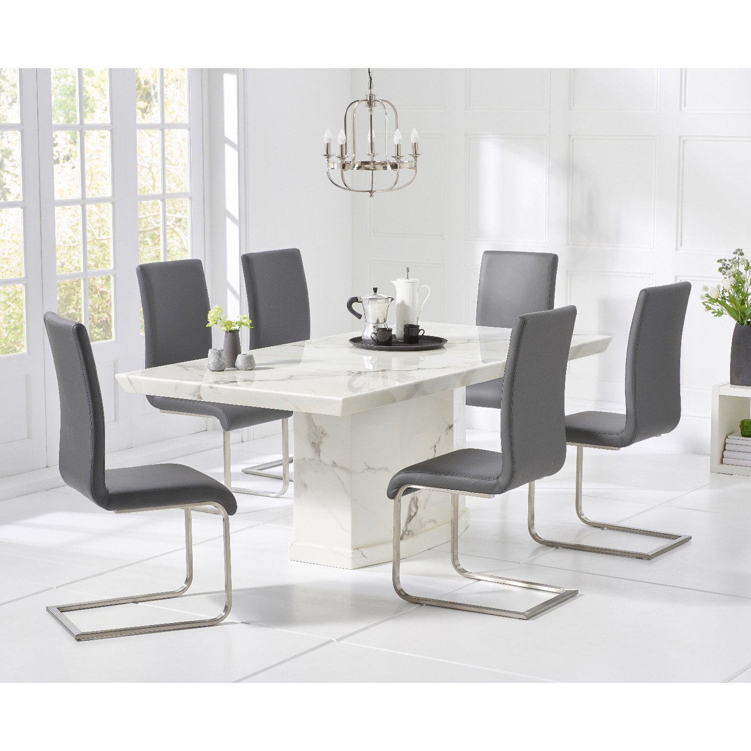 Carvelle 200cm White Pedestal Marble Dining Table With 6 Grey Austin Chairs