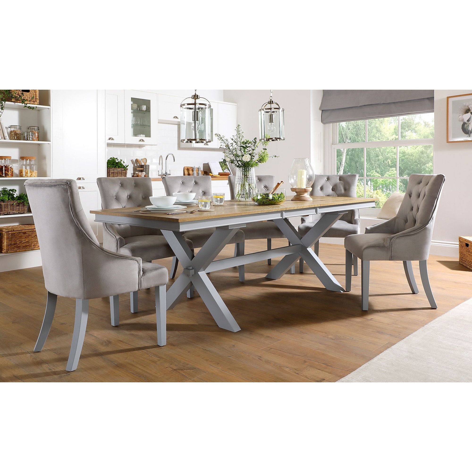 Grange Painted Grey and Oak Extending Dining Table With 4 Duke Light