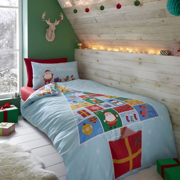 Dunelm Catherine Lansfield Blue, Red & Yellow Countdown To Christmas Duvet Cover & Pillowcase Set, Size: Double Blue/Red/Yellow