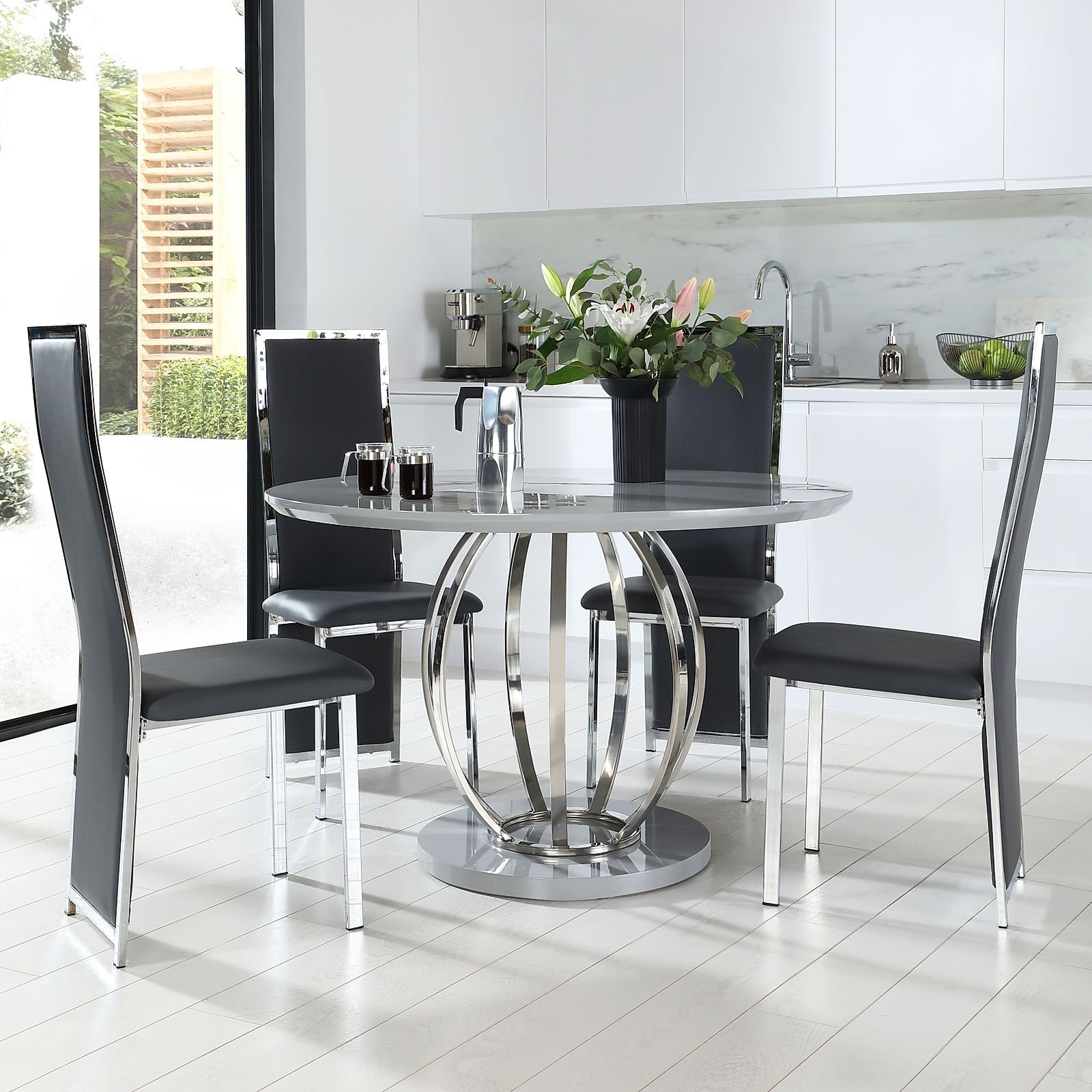 Savoy Round Grey High Gloss and Chrome Dining Table with 4 Celeste Grey Leather Chairs