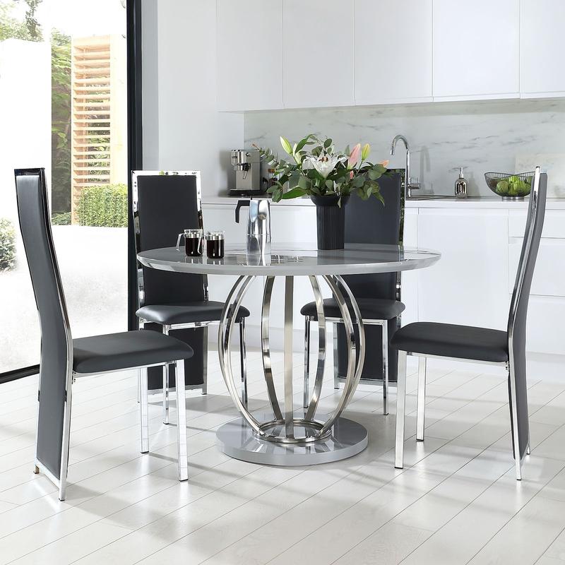 Savoy Round Grey High Gloss and Chrome Dining Table with 4 Celeste Grey