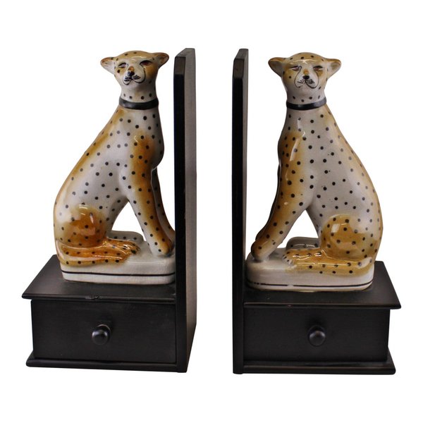 Set Of 2 Ceramic Crackle Glaze Leopard Bookends