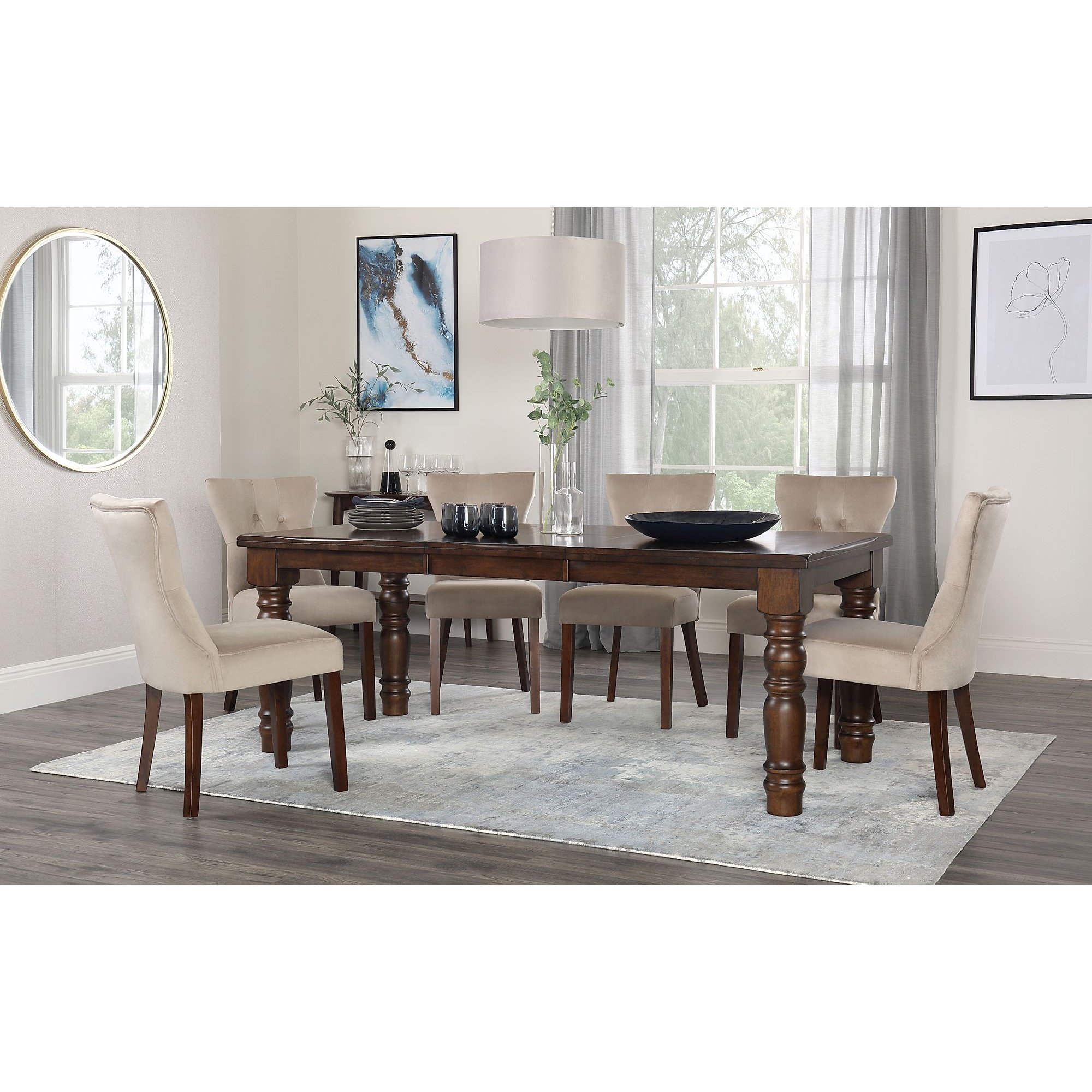 Hampshire Dark Wood Extending Dining Table with 4 Bewley Mink Velvet Chairs