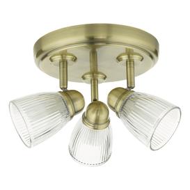 Dar Lighting CED7675 Cedric 3 Light Bathroom Spotlight In Antique Brass With Ribbed Glass IP44