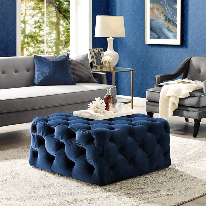 Tufted Cocktail Ottoman Deep Blue Velvet Ottoman Coffee Table Pouf