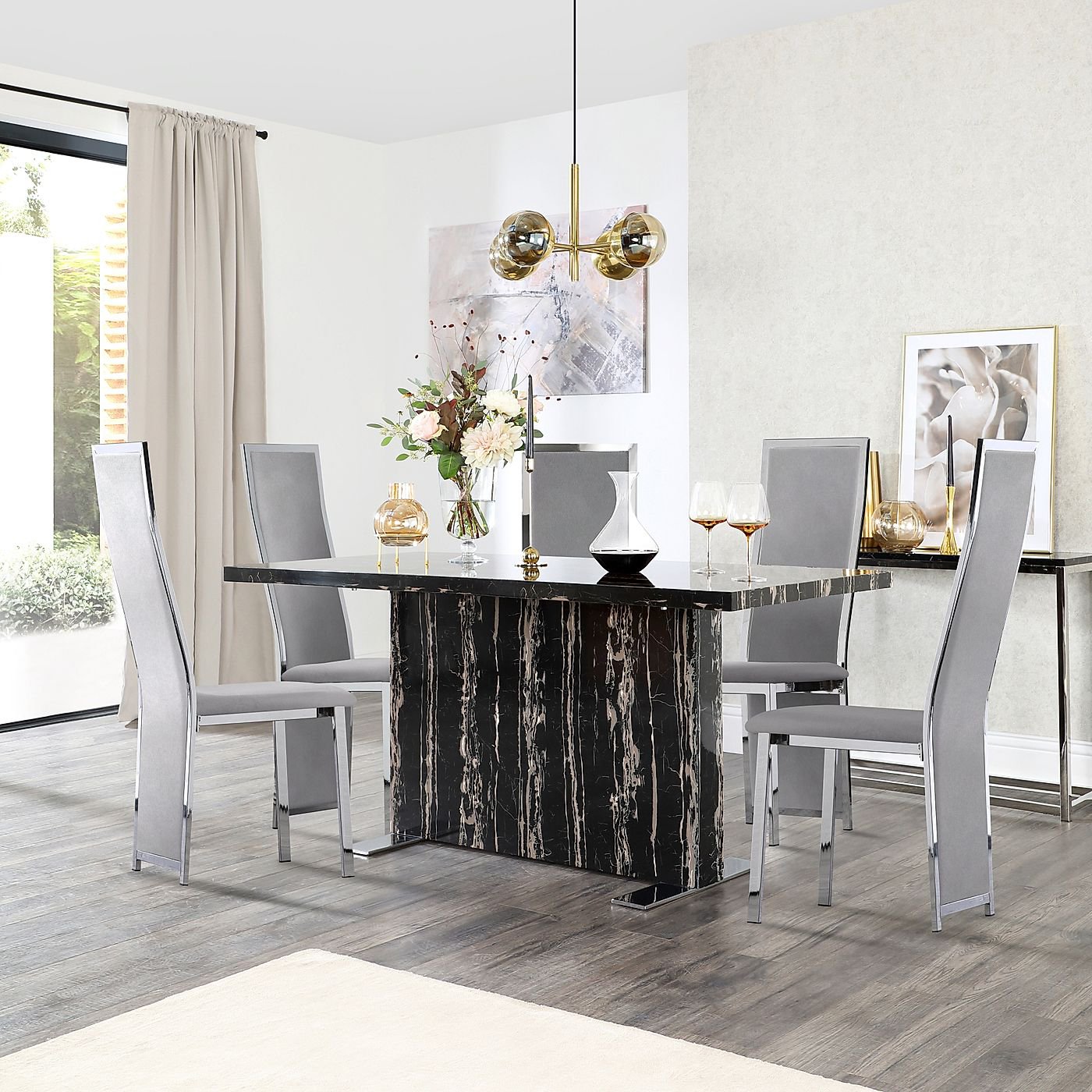 Magnus Black Marble Dining Table with 6 Celeste Grey Velvet Chairs by ...