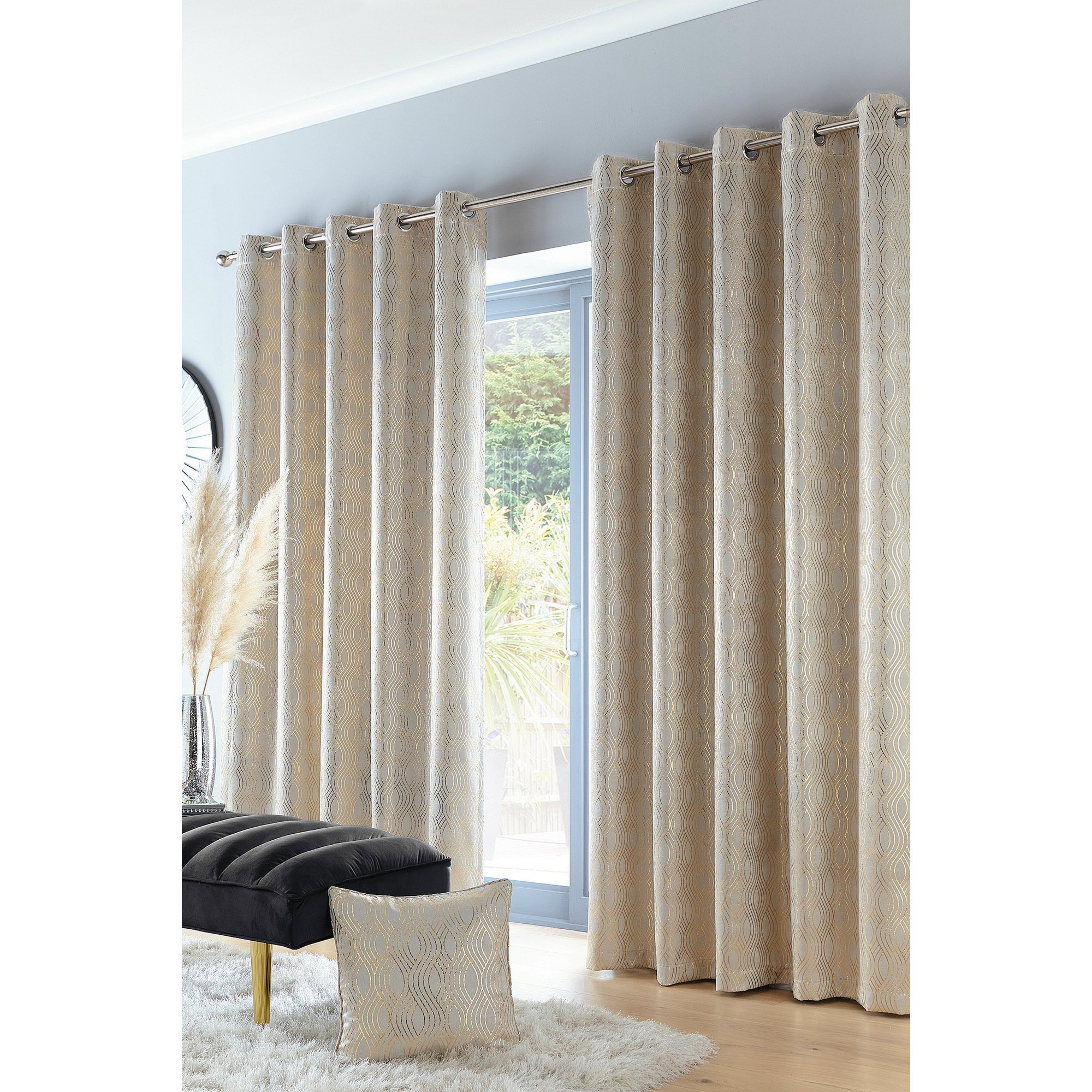 Lifejoy Blockout Eyelet Curtains – Gold & Silver Abstract Design, European Style, Polyester Panels-1116507