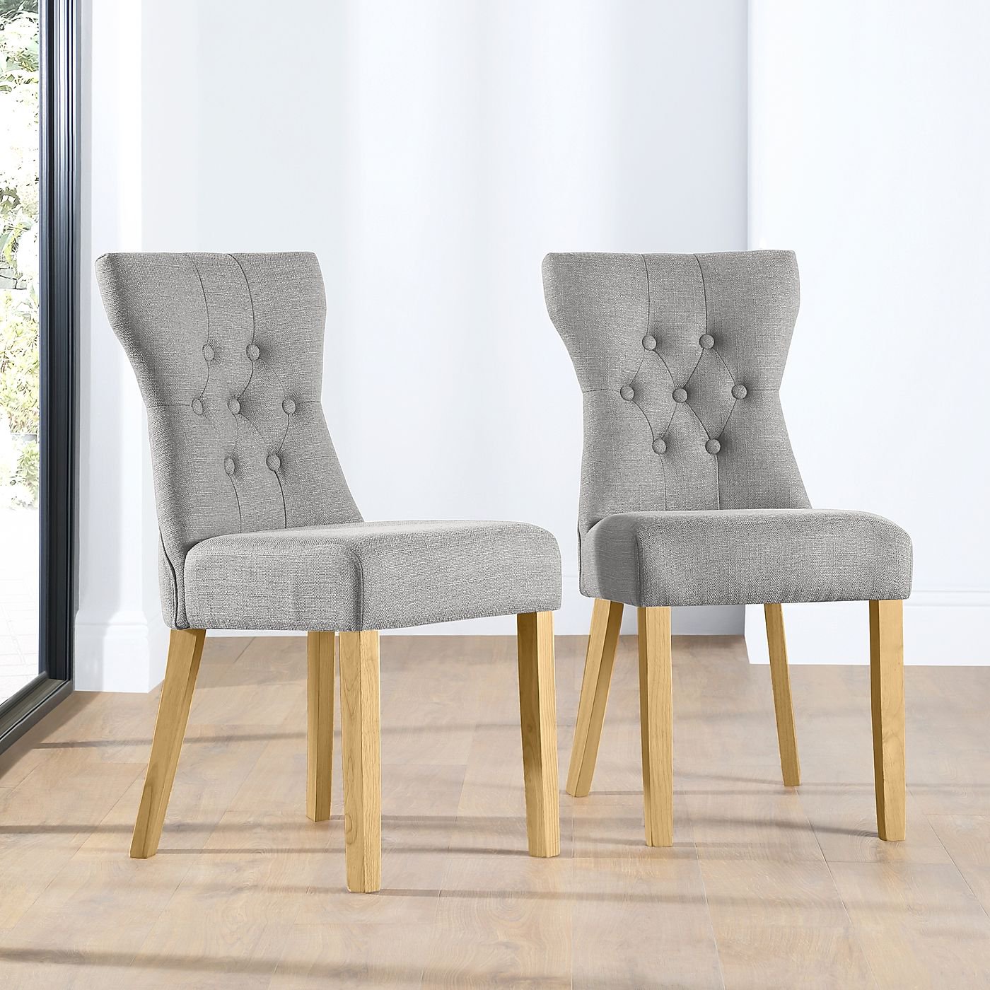 Bewley Light Grey Fabric Button Back Dining Chair (Oak Leg) by