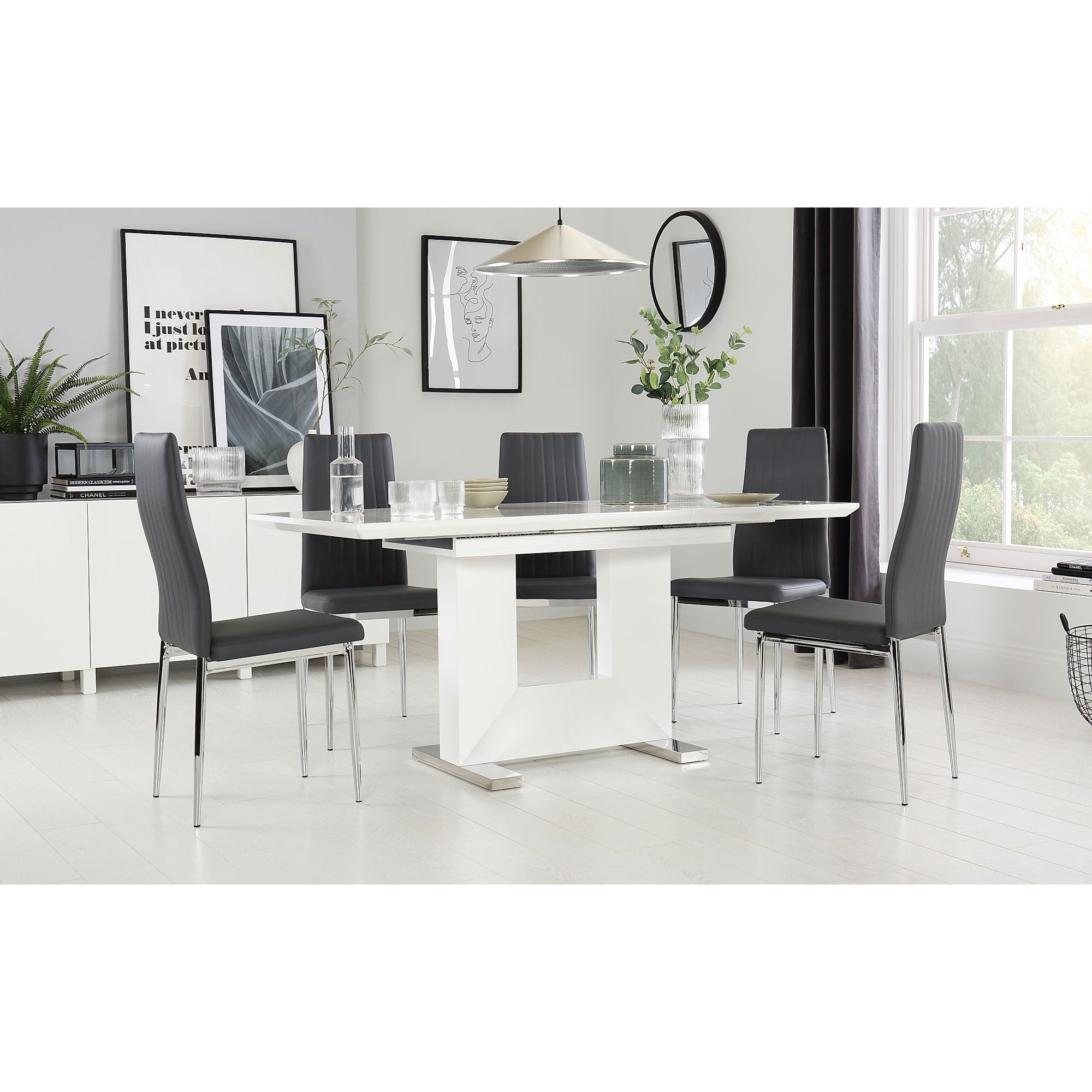 Florence White High Gloss Extending Dining Table with 6 Leon Grey Leather Chairs