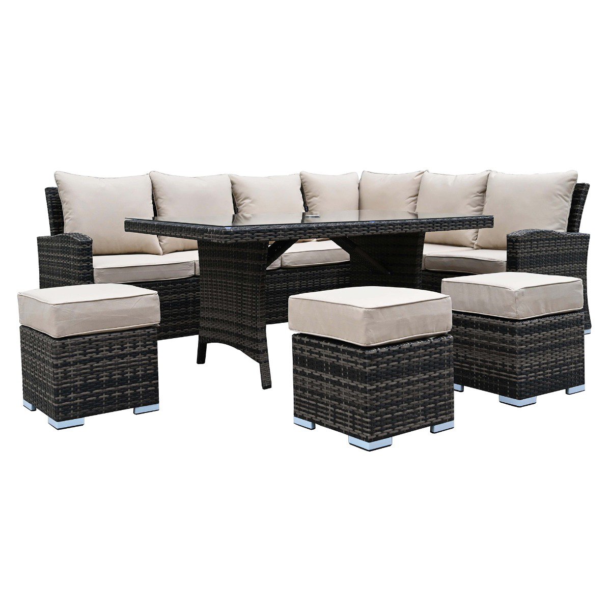 Beadnell Corner Garden Dining Set in Brown Weave and Beige Fabric