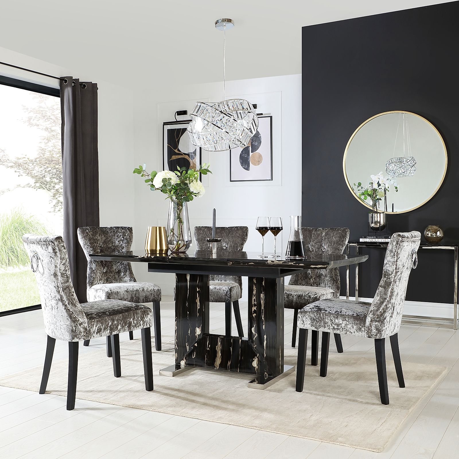 Florence Black Marble Extending Dining Table with 6 Kensington Silver ...
