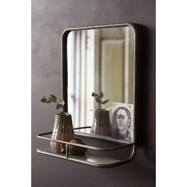 Antique Silver Almost Square Bathroom Mirror With Shelf