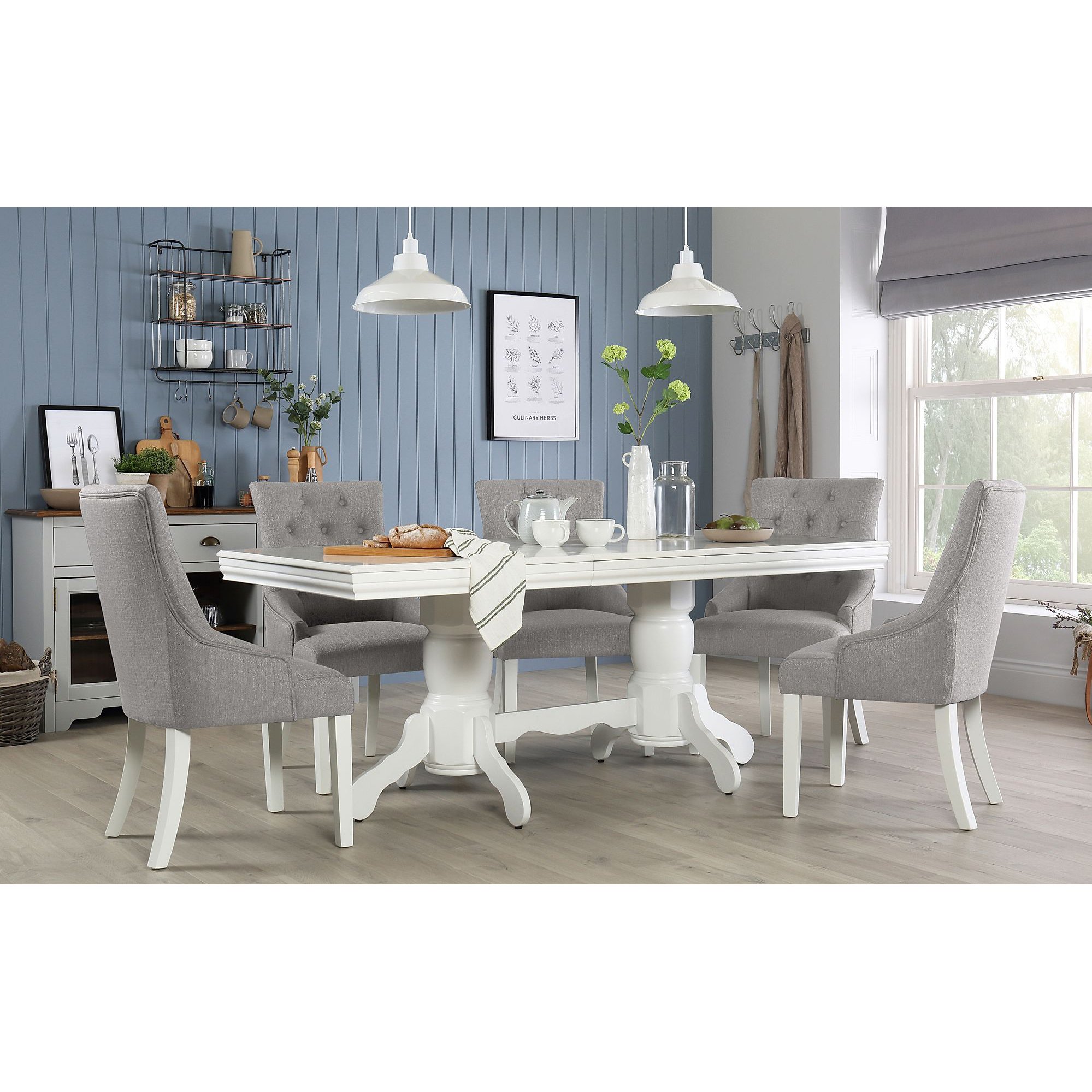 Chatsworth White Extending Dining Table with 6 Duke Light Grey Fabric