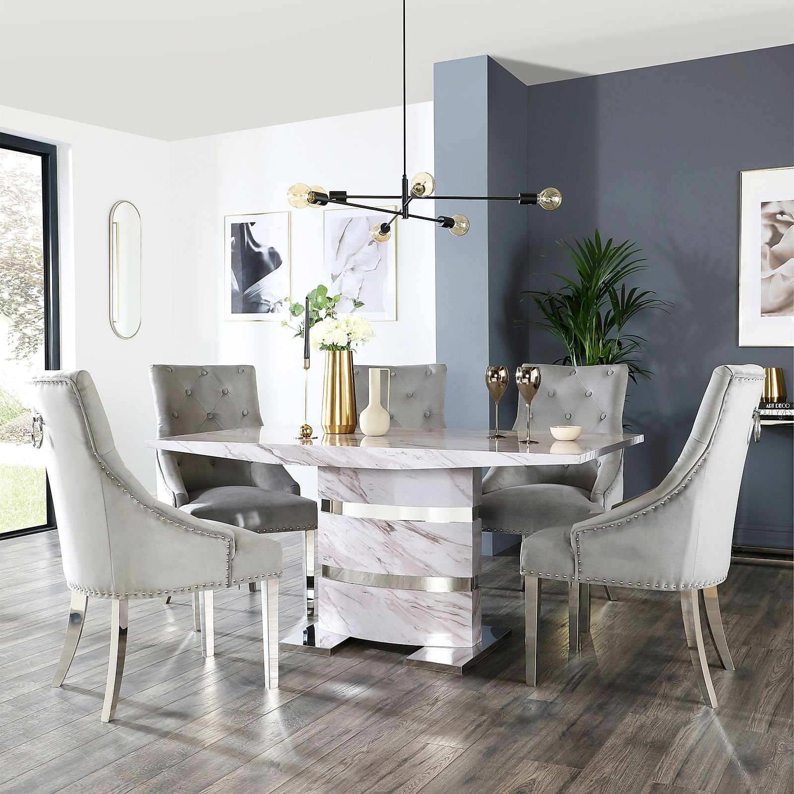 Komoro Grey Marble Dining Table and 6 Imperial Grey Velvet Chairs by ...