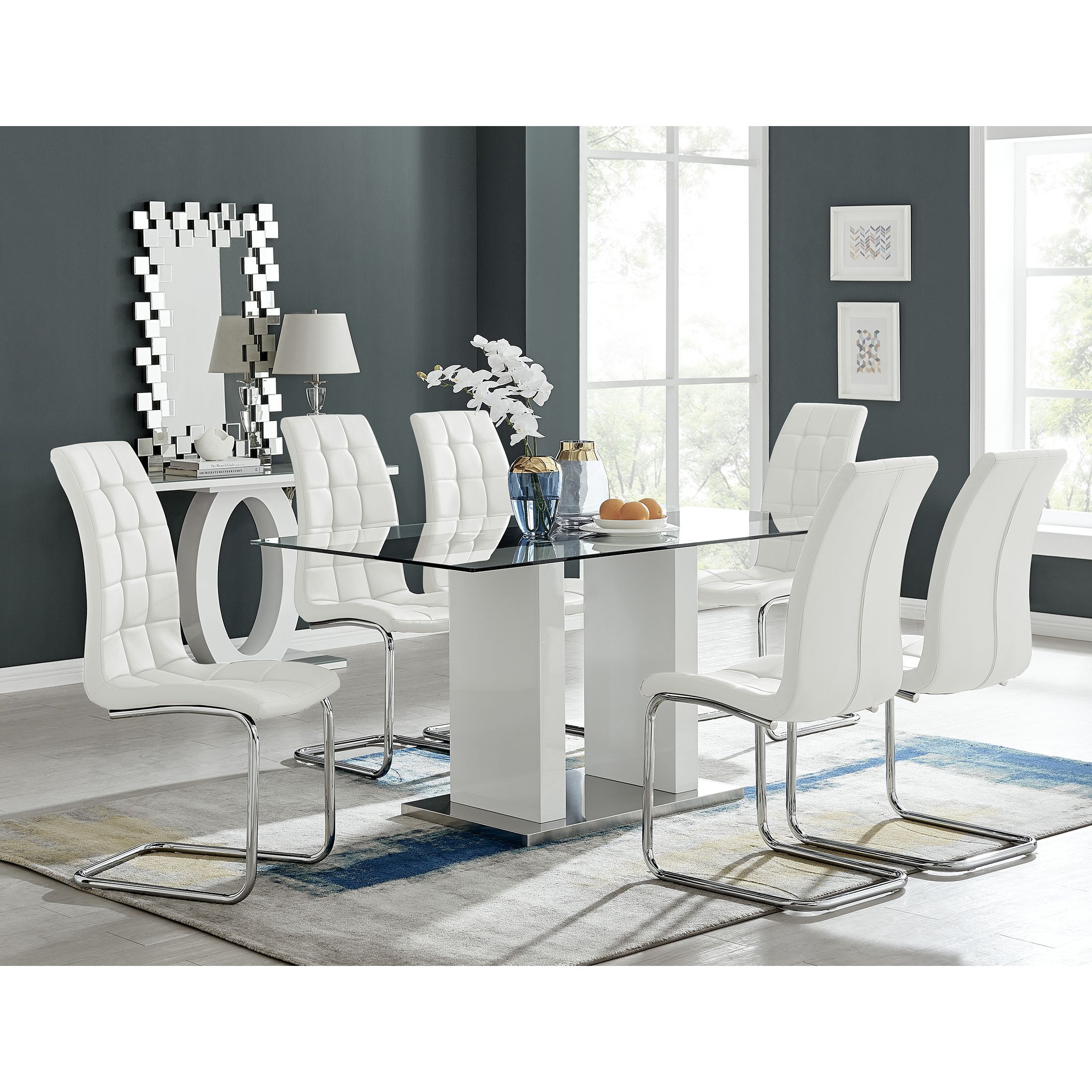 Florence White High Gloss And Glass Dining Table With 6 White Murano