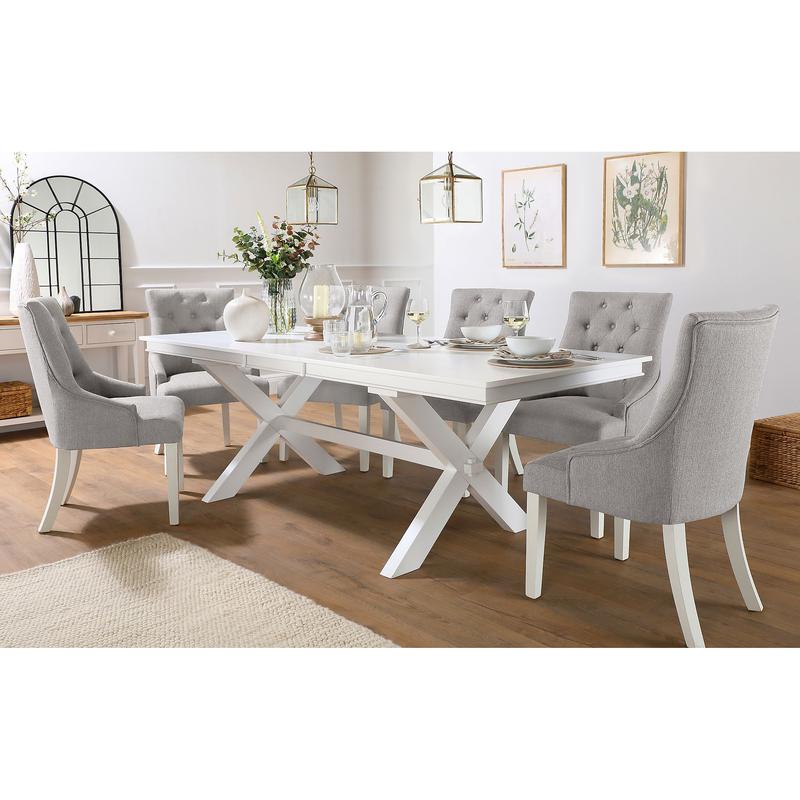 Grange White Extending Dining Table with 6 Duke Light Grey Fabric