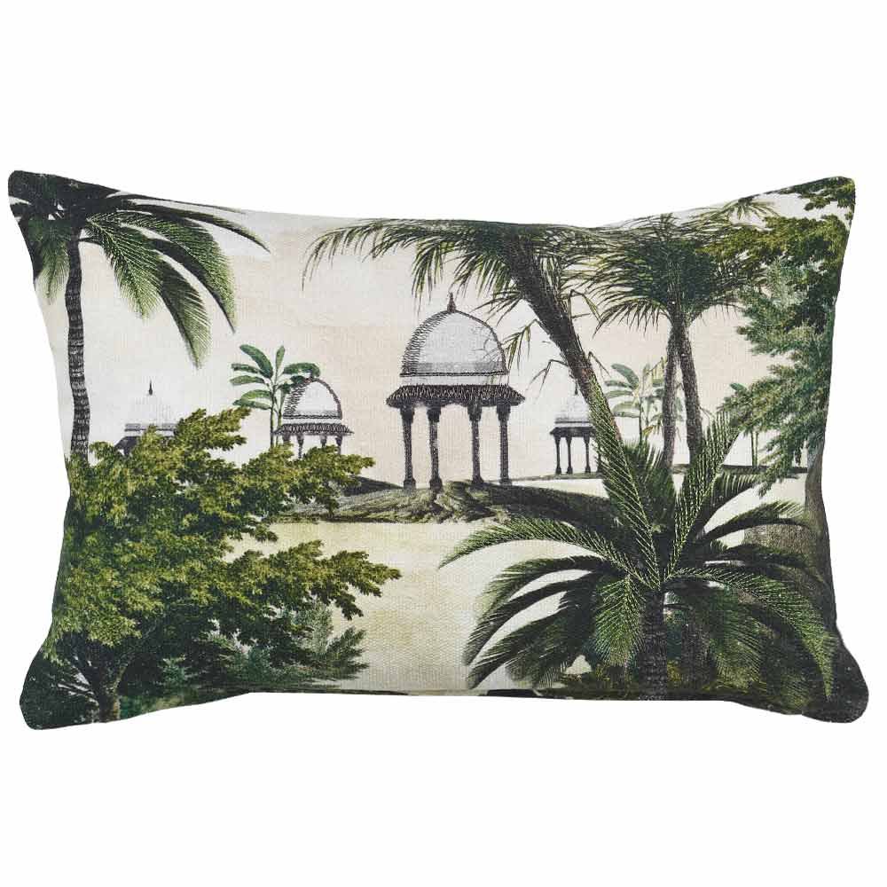 Colonial Palms Boudoir Cushion - Printed Green Palms Cotton Cushion with Hints of Embroidery