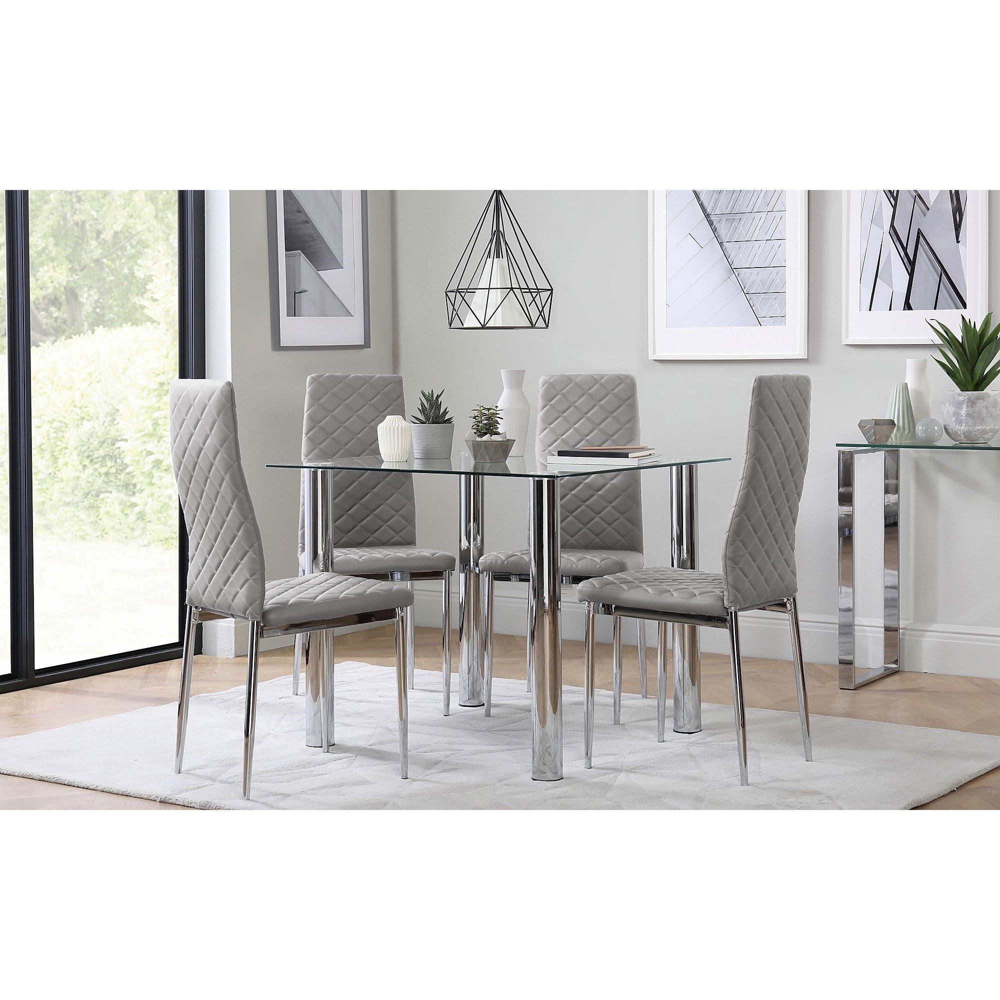 Nova Square Glass and Chrome Dining Table with 4 Renzo Light Grey Leather Chairs