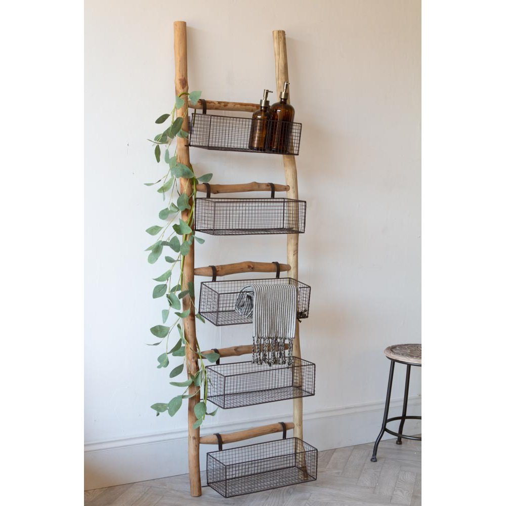 Wooden Ladder With 5 Basket Shelves