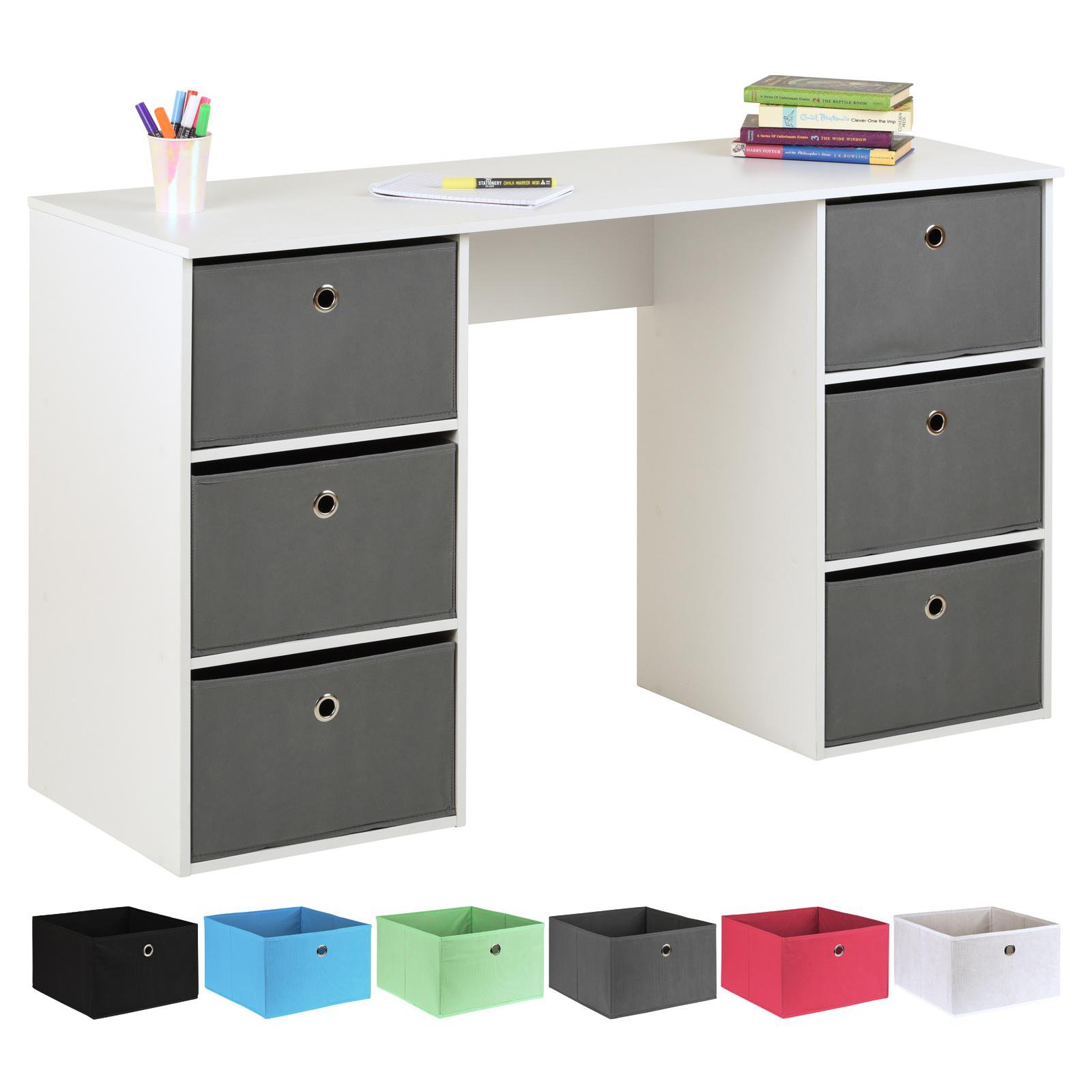 Hartleys Kids White Storage Desk & 6 Easy Grasp Box Drawers - Grey