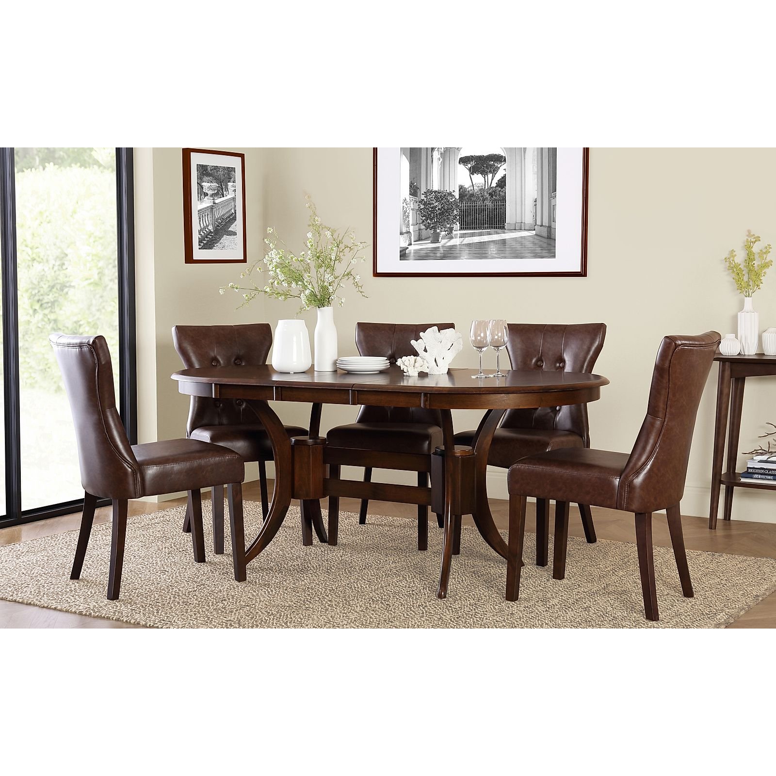 Townhouse Oval Dark Wood Extending Dining Table with 4 Bewley Club Brown Leather Chairs
