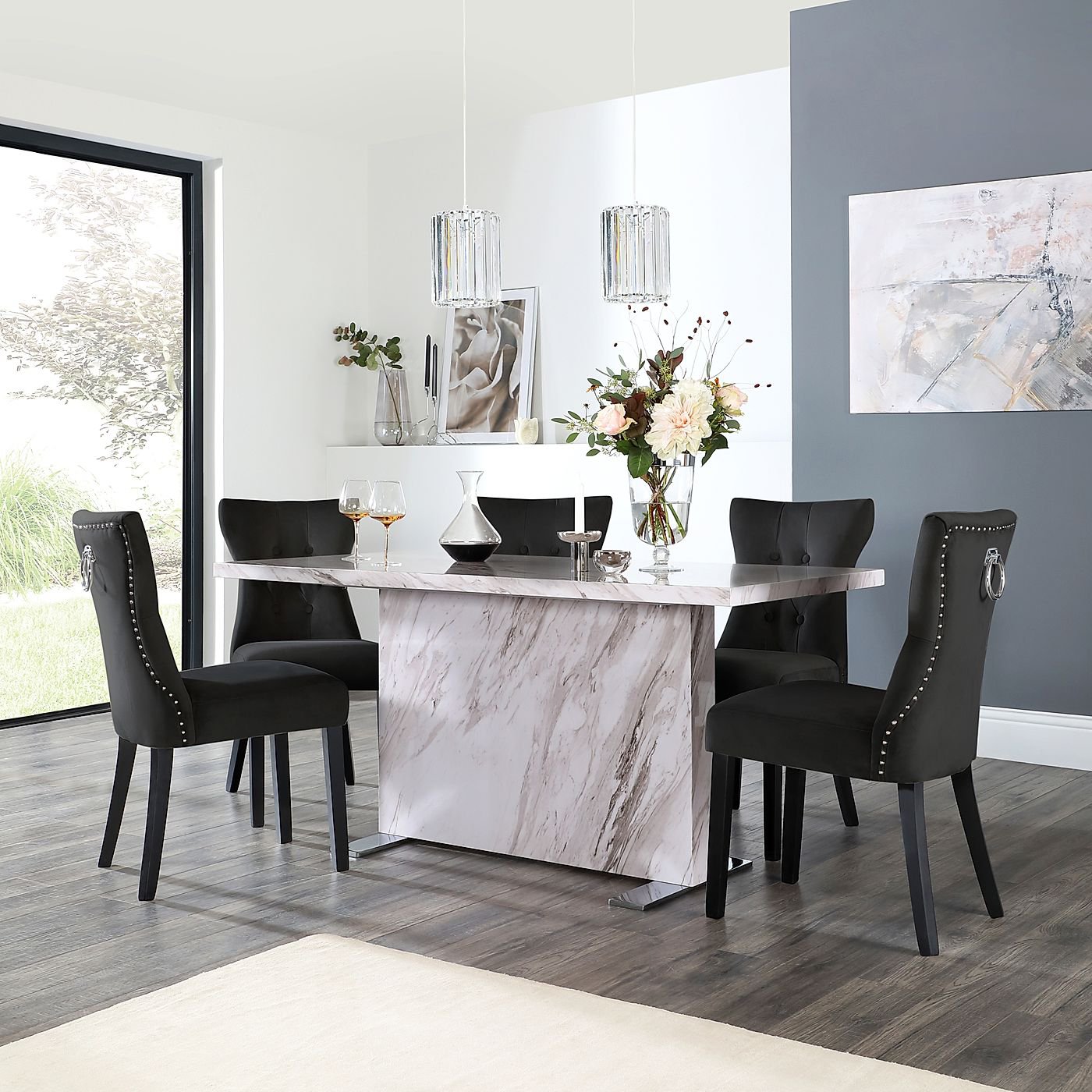 Magnus Grey Marble Dining Table with 6 Kensington Black Velvet Chairs ...