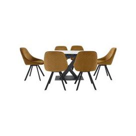 Arctic Extending Dining Table with White Top and 6 Swivel Chairs - Mustard Velvet