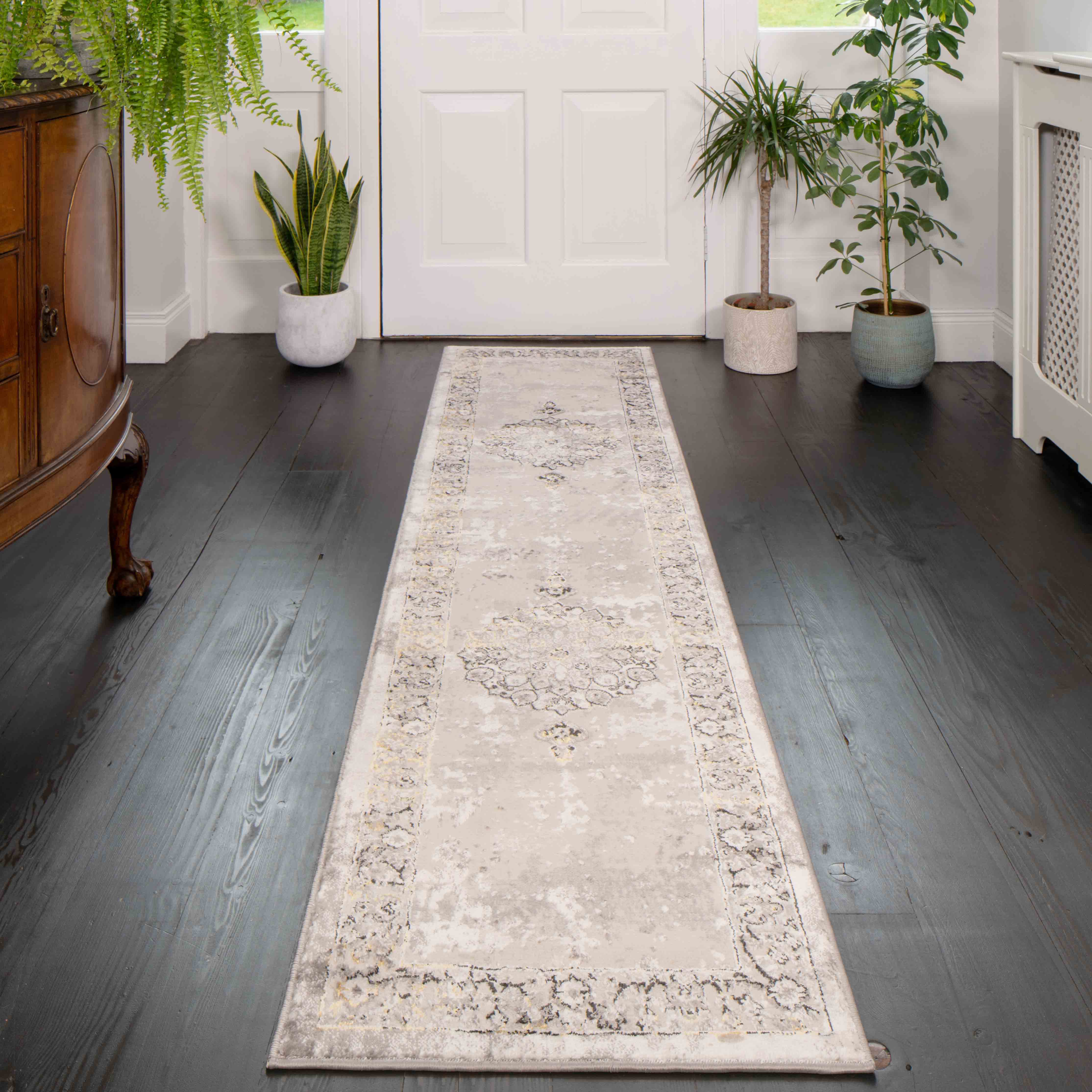 Gold Traditional Distressed Hall Runner Rugs - Hatton