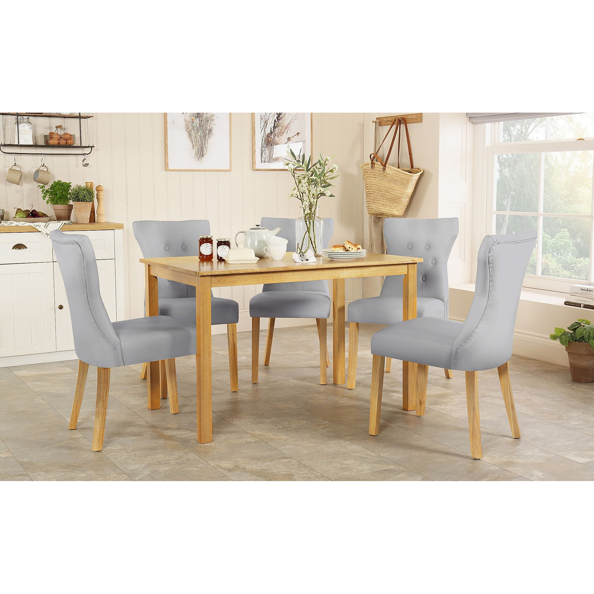 Milton Oak Dining Table with 6 Bewley Light Grey Leather Chairs by ...