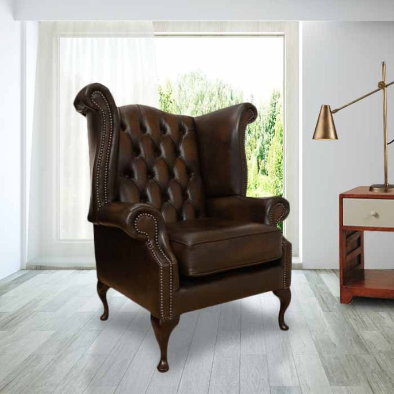 Chesterfield Queen Anne High Back Wing Chair Antique Brown&hellip