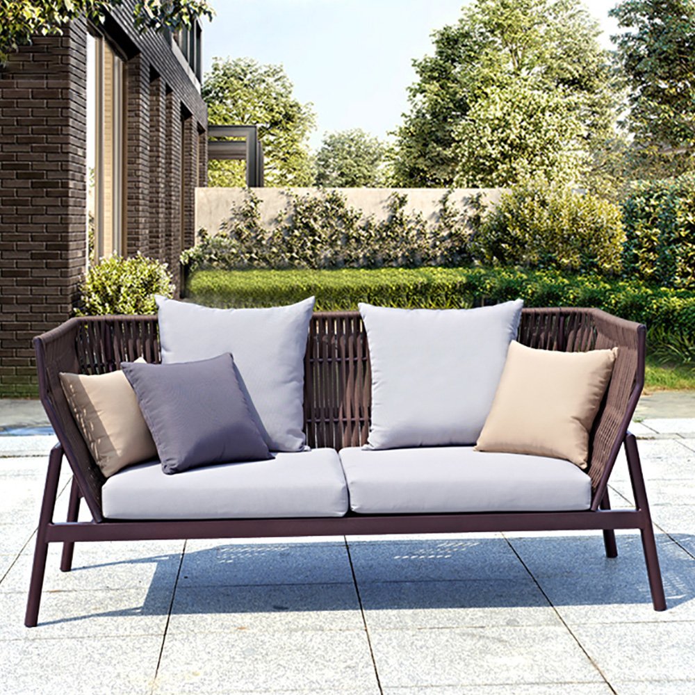 2-Seater Outdoor Sofa with Rattan Rope Woven Back Aluminum Frame