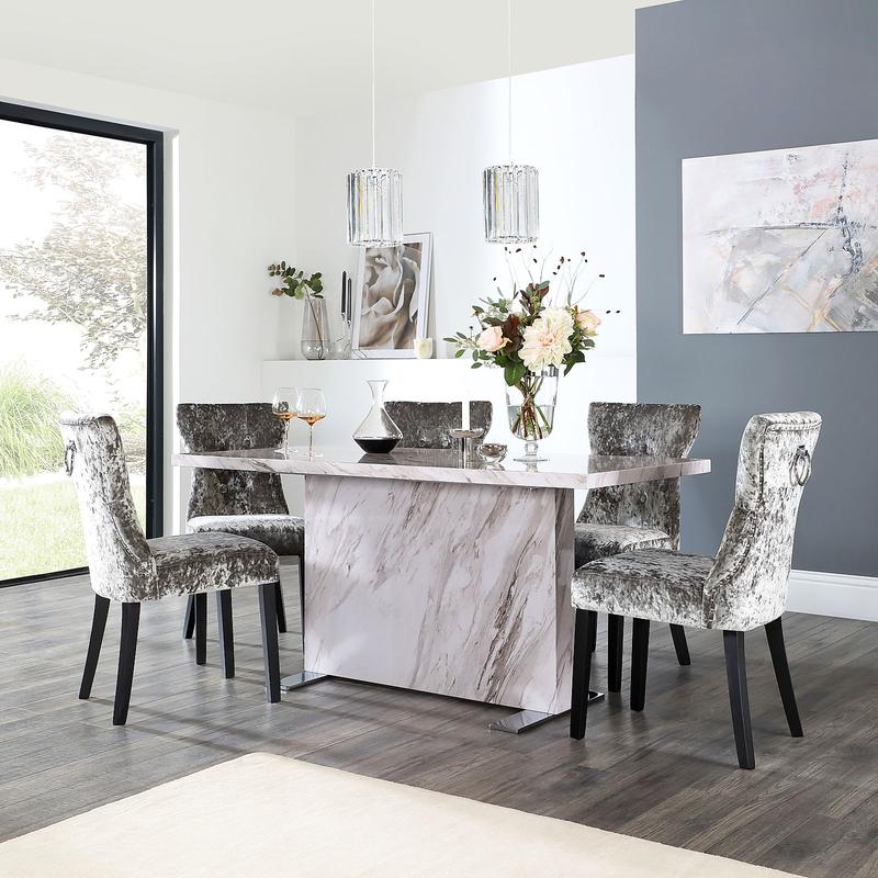 Magnus Grey Marble Dining Table with 6 Kensington Silver Velvet Chairs ...