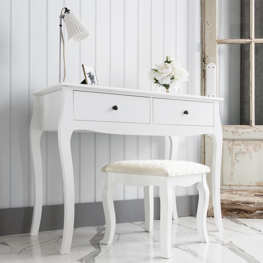 "Camille Dressing Table and Stool in Classic White "