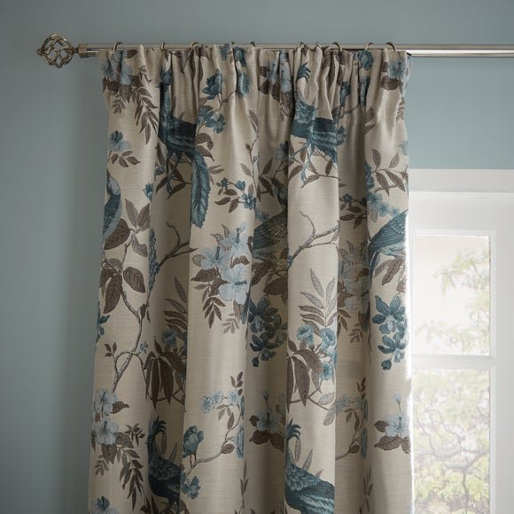 Palace Birds Jacquard Duck Egg Pencil Pleat Curtains Blue/Brown