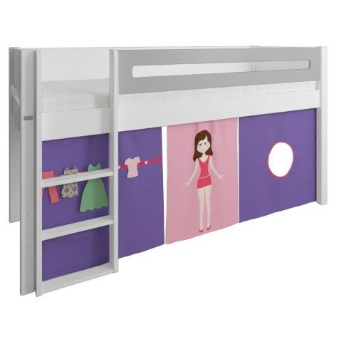 Manis-h White Mid Sleeper Bed with Safety Rail in Silver Grey and Dress Up Doll Play Curtain