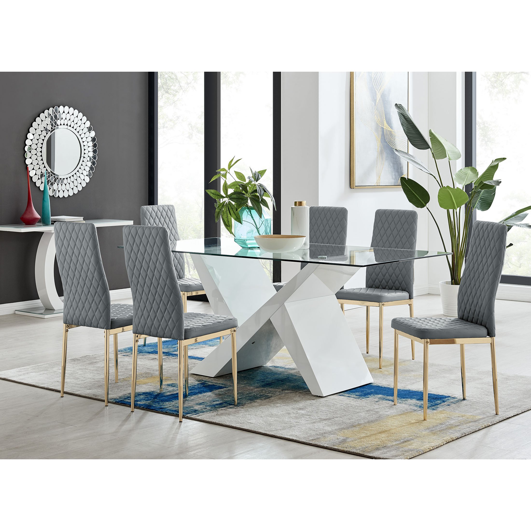 Torino Large Rectangular Dining Table and 6 Grey Gold Leg Milan Chairs
