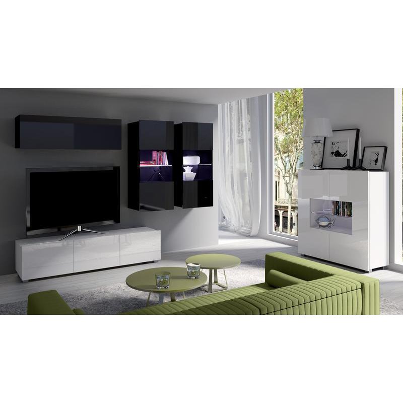 Calabrini Set 6 Entertainment Unit - Wall Unit with Sideboard Cabinet Black Gloss and White Gloss 240cm