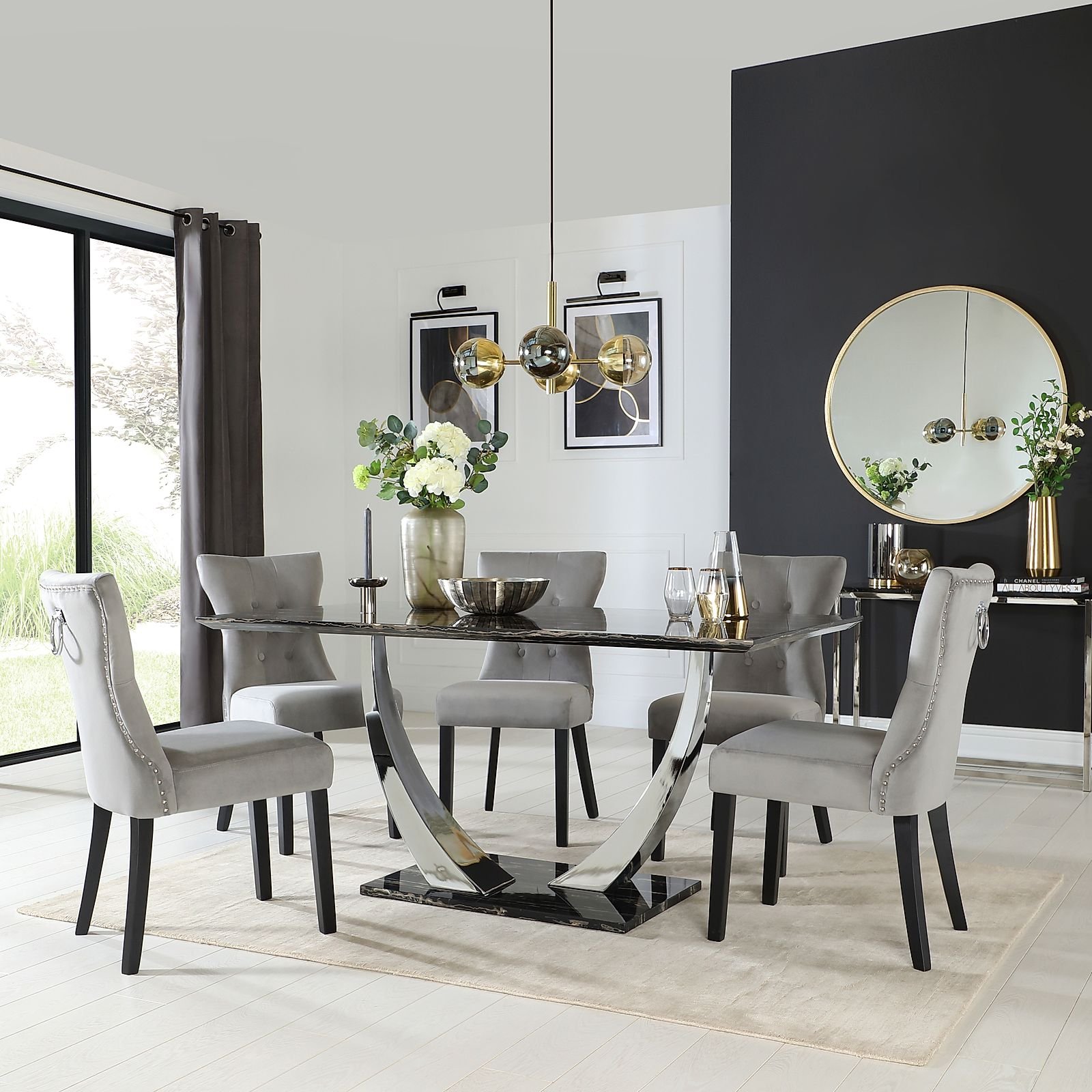 Peake Black Marble and Chrome Dining Table with 6 Kensington Grey ...