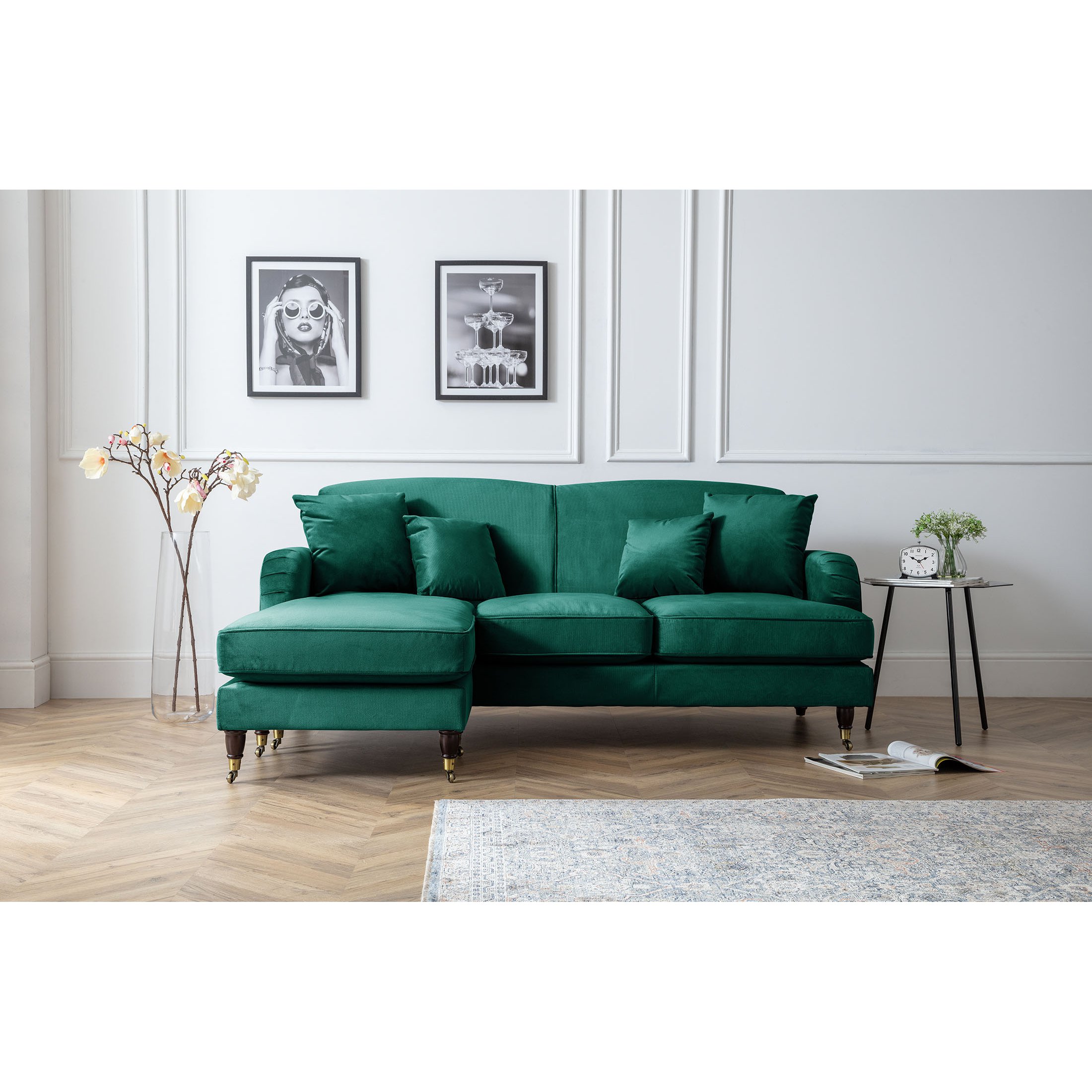 Piper Corner Velvet Chaise Sofa Jasper Green by FurnitureBox