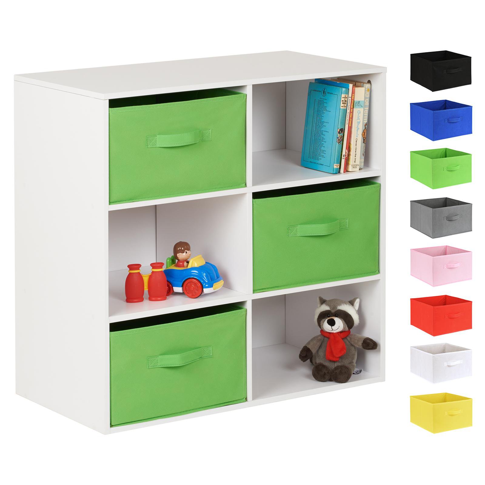Hartleys White 6 Cube Kids Storage Unit & 3 Handled Box Drawers - Green